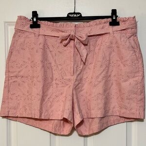 Crown & Ivy 100% Cotton Soft Pink Floral Eyelet Belted Summer Preppy Shorts 14